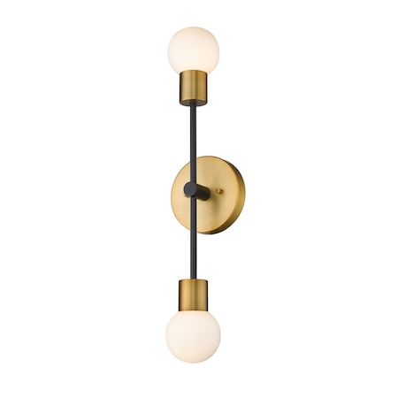 Z-Lite Neutra 2 Light Wall Sconce, Matte Black + Foundry Brass & Opal 621-2S-MB-FB